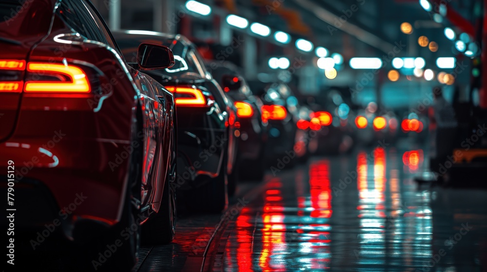 Urban street scene with a line of parked cars in the dark of night