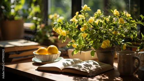 Still life with open book, lemons and yellow flowers in sunlight