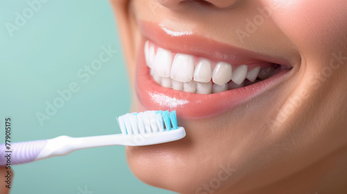 Snow-white smile of a girl with a toothbrush