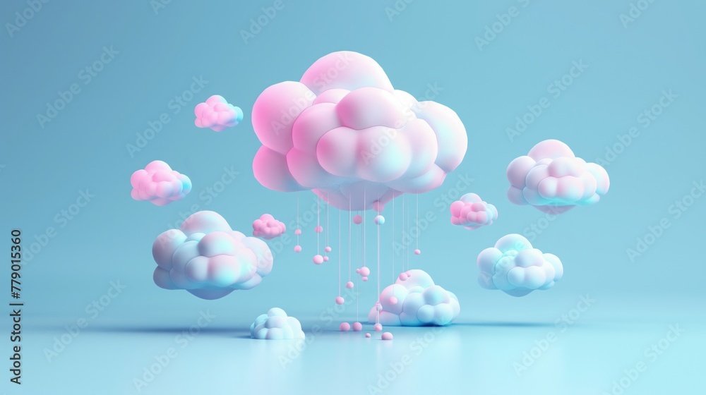 A set of 3D cloud computing icons including a floating cloud with data streams flowing around it A set of 3D cloud computing icons including a floating cloud with data streams flowing around it