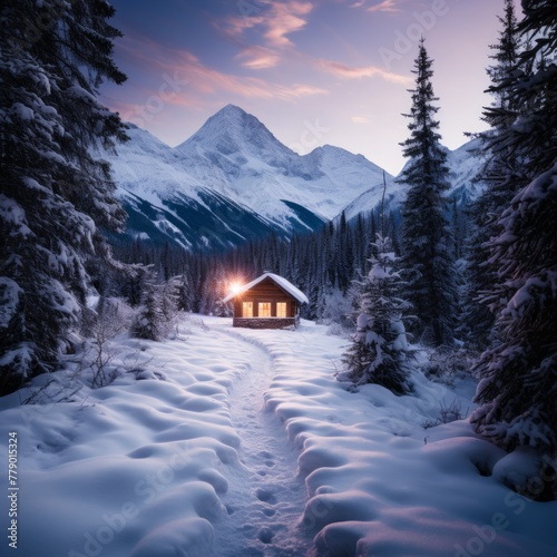 A Snowy Cabin in the Mountains © Adobe Contributor