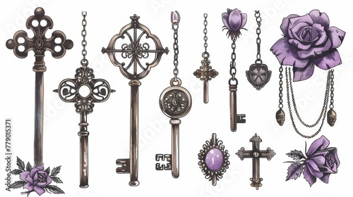 Isolated vintage clip art with a white background. Halloween festive ornaments. Magical design elements set, including a key, purple rose, cross, chains, and pendants.
