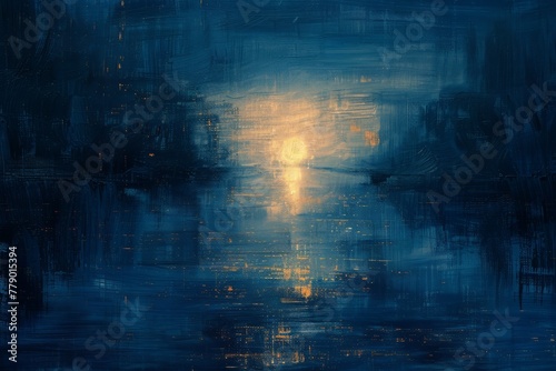 Blue and gold abstract painting of a cityscape at night photo