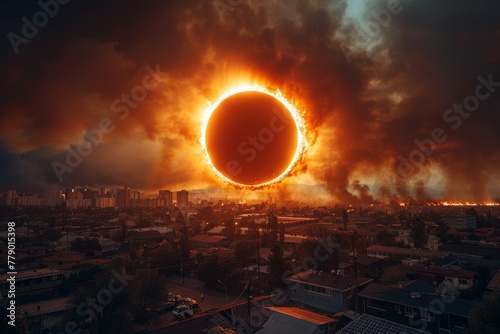 A solar eclipse over a cityscape where the Moon blocks out the Sun, leaving only the dazzling glow of the sun's corona.
Concept: urban studies and the influence of astronomical events in the city photo