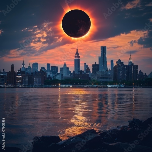 Lunar eclipse with the fiery crown of the sun enveloping the dark moon against the background of the starry sky.
Concept: space and astronomy, historical and significant astronomical events and decora photo