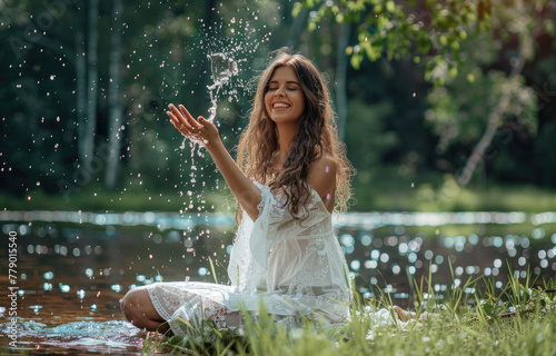 A woman in white is splashing water on her face near the lake  surrounded by green trees and grass. She is smiling with joy as she plays around in nature.