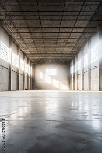 An empty warehouse with concrete floors and large windows