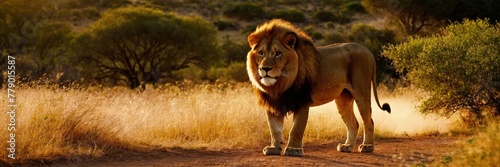 Big lion lying on savannah grass. Landscape with characteristic trees on the plain and hills in the background.with Generative AI technology