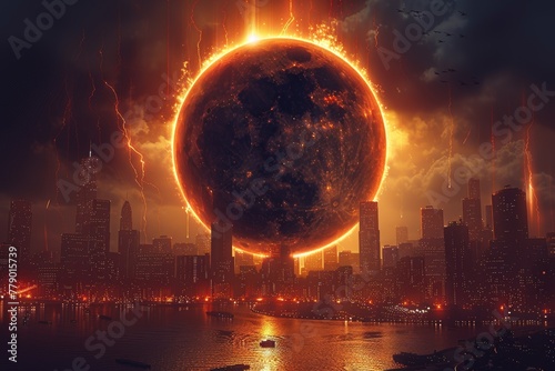 A solar eclipse over a cityscape where the Moon blocks out the Sun, leaving only the dazzling glow of the sun's corona.
Concept: urban studies and the influence of astronomical events in the city photo