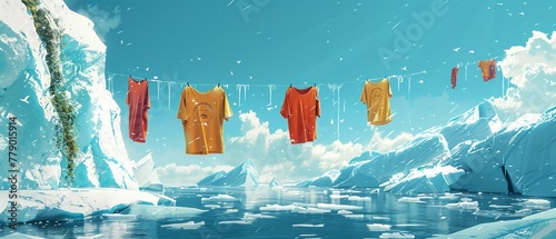 An artistic illustration of a frozen landscape where shirts are strung between icebergs, decorated with seaweed photo
