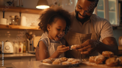 A father and daughter in an apron, smiling while baking cookies together on the kitchen counter