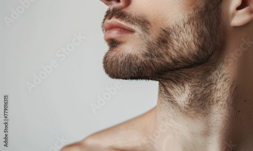 Сlose-up of a man's chin and beard. Male trichopigmentation service. Skin care beauty, hardware cosmetology, rejuvenation concept.  photo