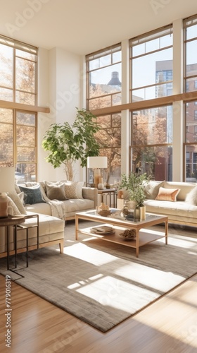 A bright and airy living room with large windows and a high ceiling