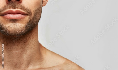 Young handsome man on white background. Skin care beauty, hardware cosmetology, rejuvenation concept. Lip and perioral correction with hyaluronic acid. photo