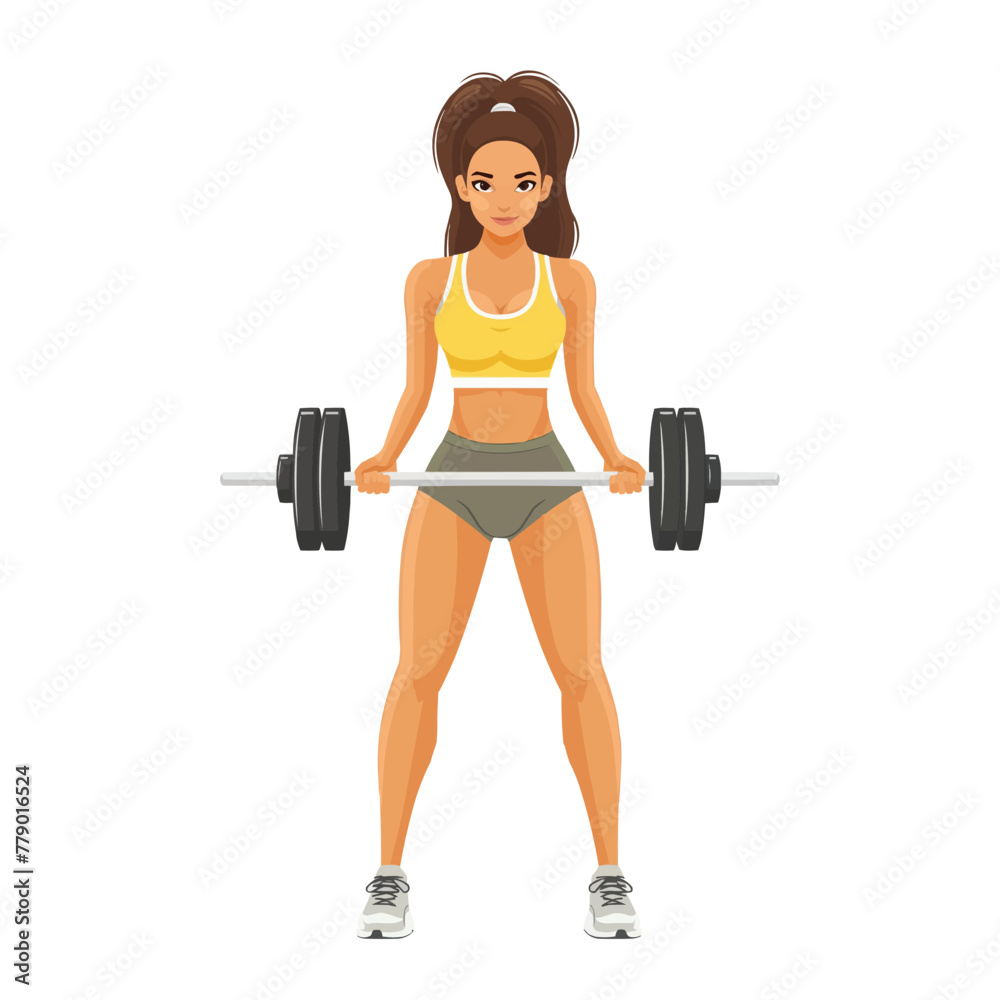 A woman in sports clothes in the gym, a flat illustration isolated on a white background, concept A woman in sports clothes in the gym, a flat illustration isolated on a white background, concept