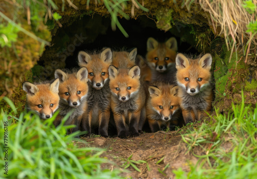 A group of fox cubs at the entrance to their burrow in green grass