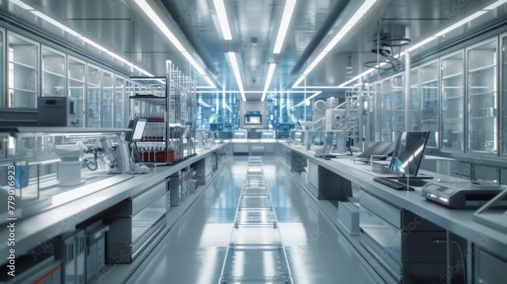 Fototapeta premium A sophisticated biotech lab, with rows of advanced research equipment and workstations, momentarily unoccupied but ready to drive innovation in the field of medicine