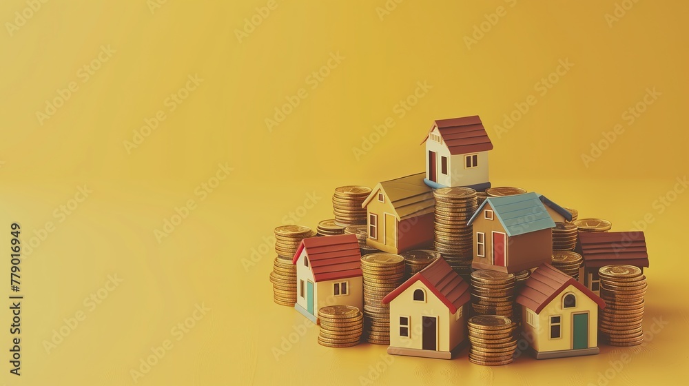 Minimalist photography featuring tiny houses encircled by coin stacks, symbolizing the housing market's challenges