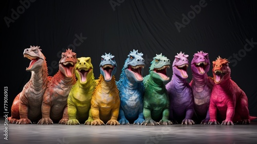 A group of dinosaurs of various colors are sitting in a row with their mouths open and teeth bared