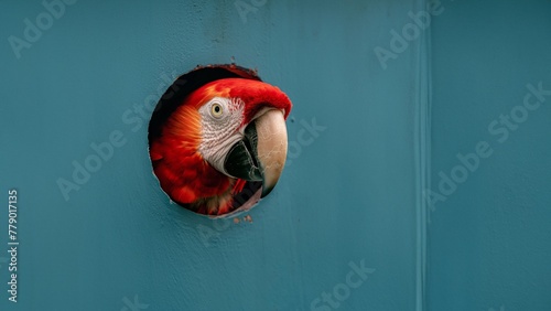 Putziger Papagei schaut durch Wand mit Platzhalter für Zoo und Züchter im Querformat für Banner, ai generativ