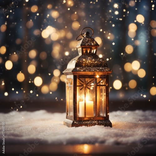 lantern in the snow with blurred lights in the background