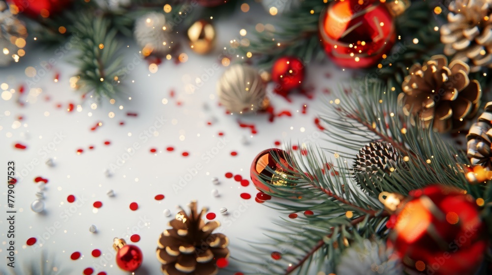 Decorative banner with glass balls and green spruce twigs on a 3D render of a Christmas background.