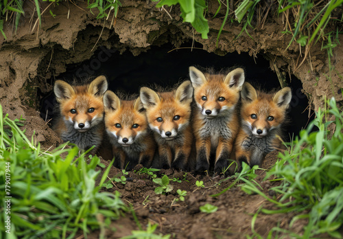 A group of fox cubs at the entrance to their burrow in green grass