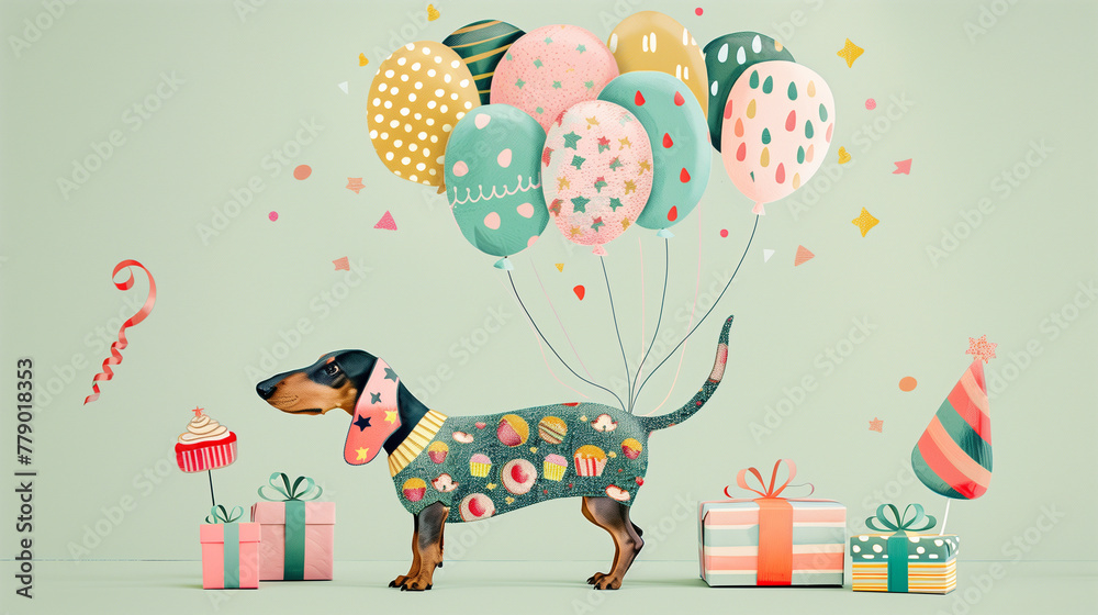 Fototapeta premium Party Celebration with Adorable Dachshund and Colorful Balloons Illustration