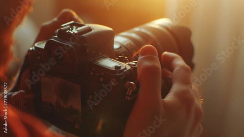 Close-Up of a Photographer's Hands Adjusting Vintage Camera Lens photo