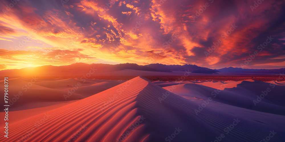 Dune Twilight Tranquility Serenity in the Sunset Glow,  a desert with a rainbow sand dunes