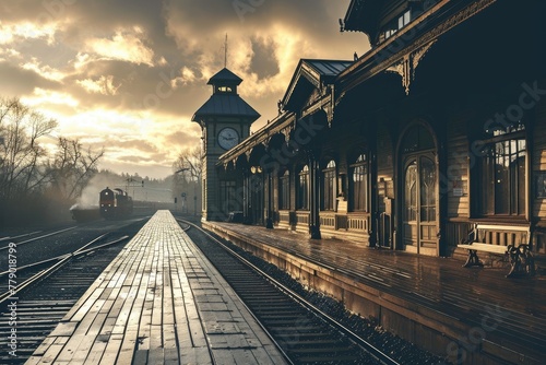 A vintage train station , Old railway station with a train and a locomotive on the platform awaiting departure, AI generated photo
