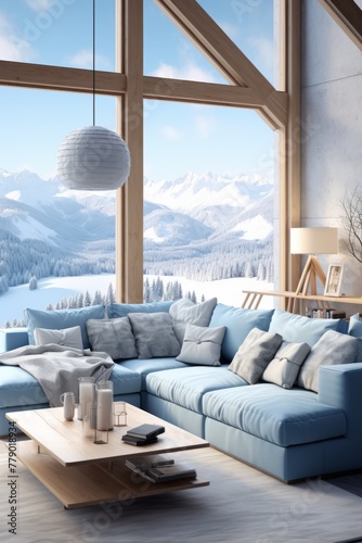 Blue sofa in a modern living room with a view of the snowy mountains © Adobe Contributor
