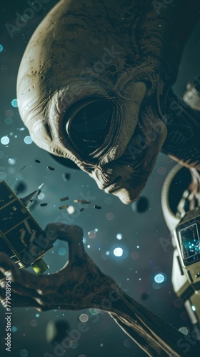 Detailed view of an alien examining a piece of satellite debris, floating amidst the cosmos