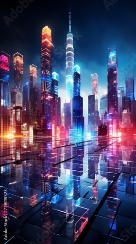 A digital painting of a futuristic city at night with skyscrapers and bright lights reflecting off a wet street