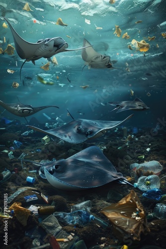 Realistic portrayal of a group of stingrays gliding over a seabed littered with plastic debris