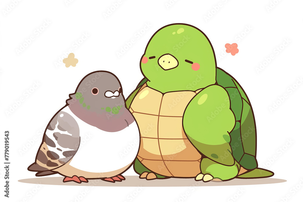 A cartoon of a bird and a turtle standing next to each other