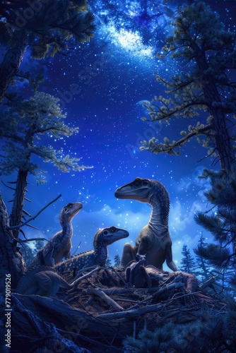 Detailed image of a group of Oviraptor protecting their nest from predators under a starry night © Pungu x