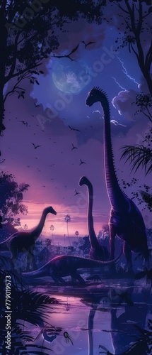 Detailed, moody illustration of a group of Diplodocus resting, with their long necks entwined, at twilight