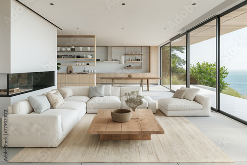 Elegant Minimalist Living Room with Sea View. Spacious and bright minimalist living room with sleek white couches and a natural wood table, overlooking the sea.