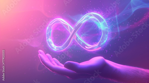 Ethereal Neon Infinity Symbol Floating on Open Hand Against Purple Hues photo
