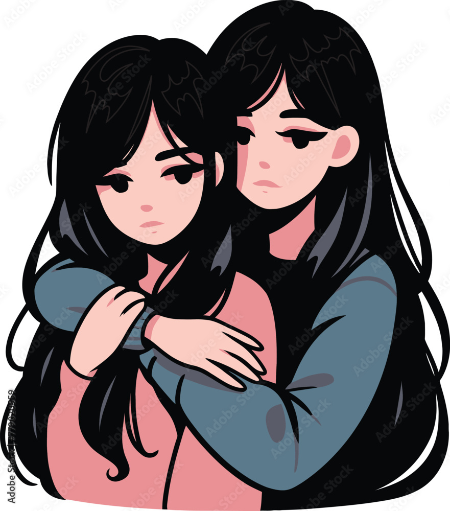 Two girls hugging each other with unhappy face cartoon vector illustration.