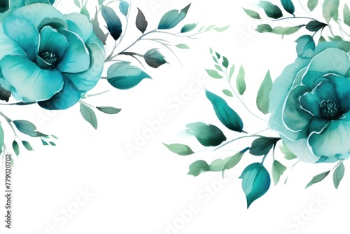 Teal roses watercolor clipart on white background  defined edges floral flower pattern background with copy space for design text or photo backdrop minimalistic 