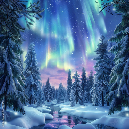 Spectacular display of the northern lights over a snowy pine forest, with vivid colors dancing in the sky, offering a onceinalifetime natural spectacle ,hyper realistic, low noise, low texture photo