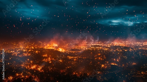 Aerial view of a city engulfed in flames - An apocalyptic vision captures a city aflame with bright fires and smoke under a night sky