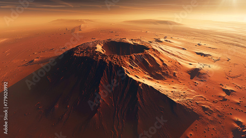 Stock image of a panoramic view from the top of Mars Olympus Mons, the tallest volcano in the solar system, revealing the vast Martian landscape ,hyper realistic, low noise, low texture photo
