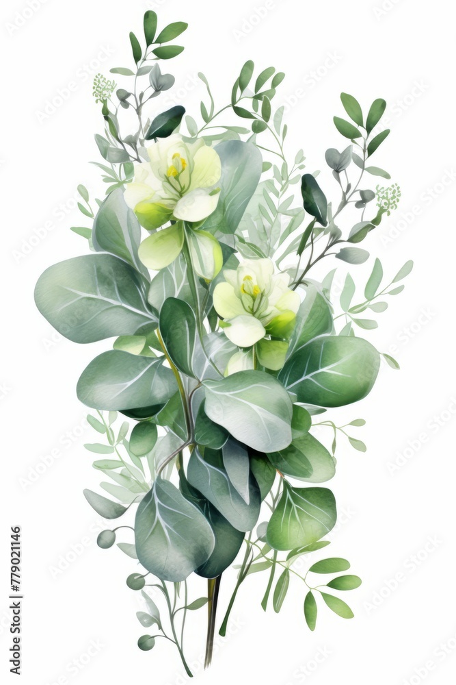 Green and white watercolor floral bouquet illustration - obrazy, fototapety, plakaty 