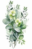 Green and white watercolor floral bouquet illustration