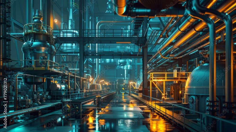 Industrial pipes and tanks in futuristic factory setting - An intricate network of pipes and tanks in an industrial setting with a futuristic, sci-fi ambiance