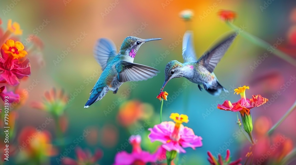 Delicate hummingbird feeding on nectar from vibrant flower in detailed macro capture