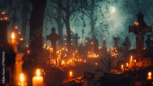 Candles illuminating a spooky graveyard at night - Candles emit a soft glow among tombstones in a foggy graveyard at night, creating a somber yet mystical atmosphere